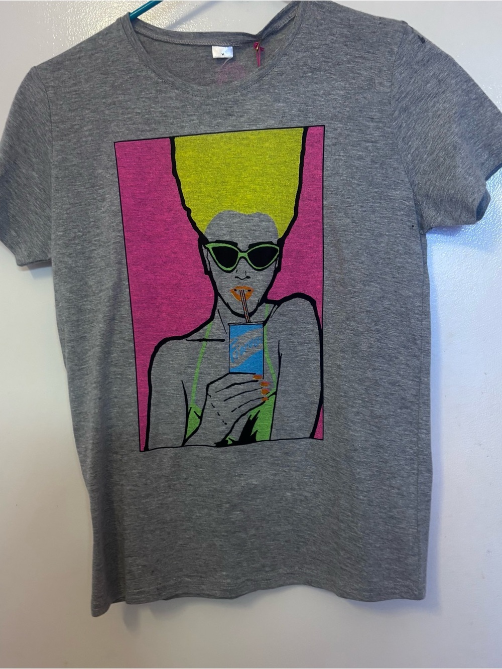 Fiorucci Grey Tee with Neon Pop Art Woman